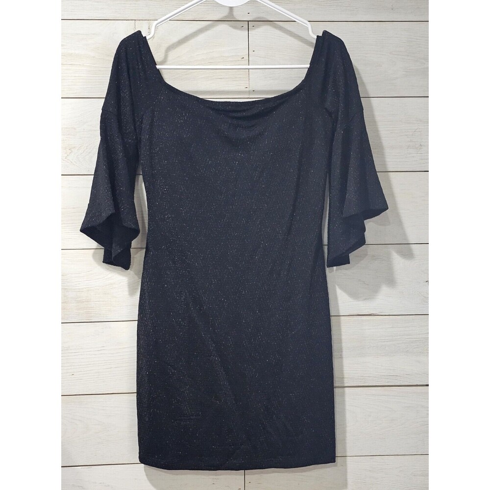 BCX Black Shimmer Party Club Dress Flowy- sleeve Size L Fairycore Whimsigoth